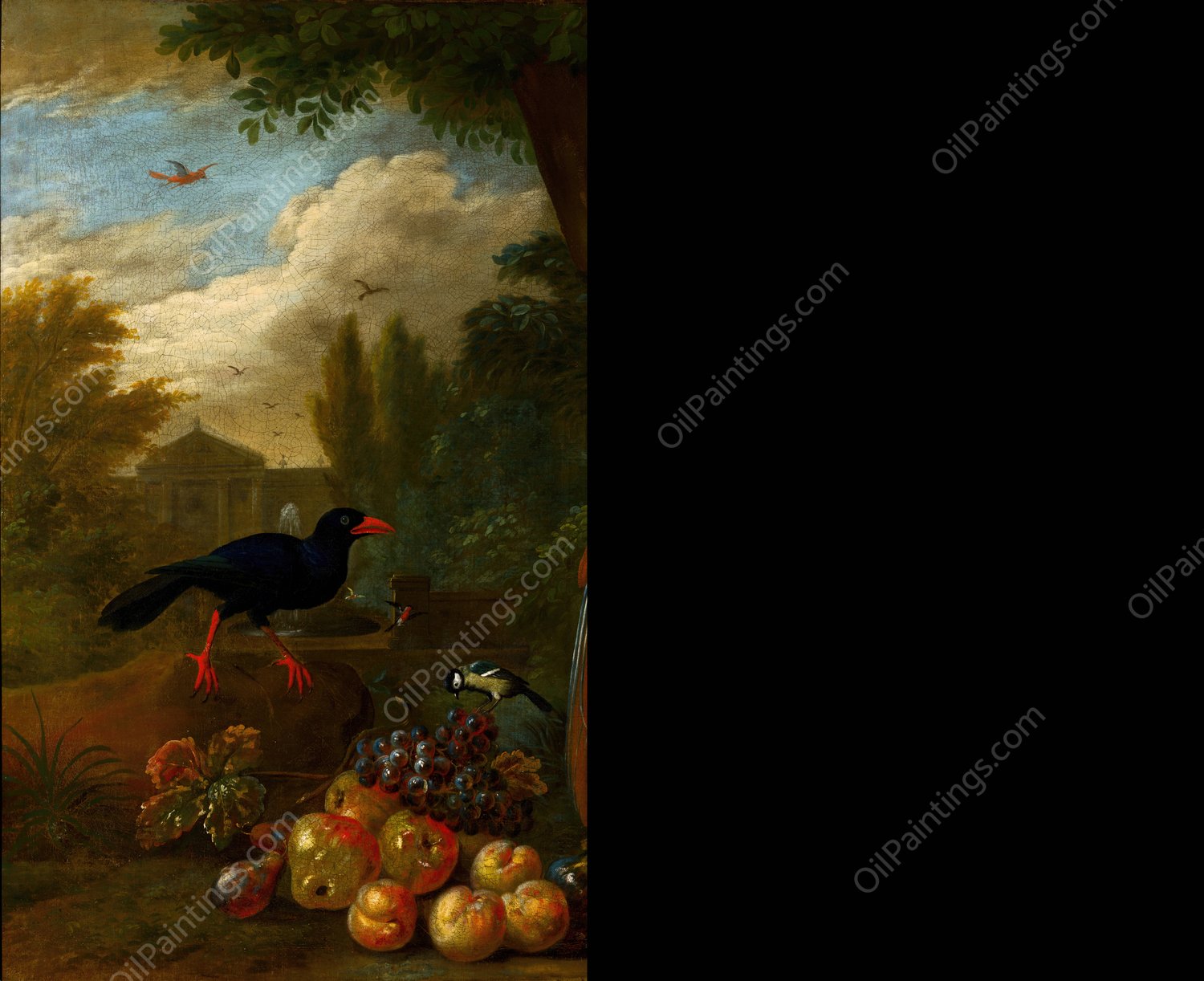 Two Macaws, a Cockatoo and a Jay, with Fruit  by Jakob Bogdany - Hand-Painted Oil Painting Reproduction