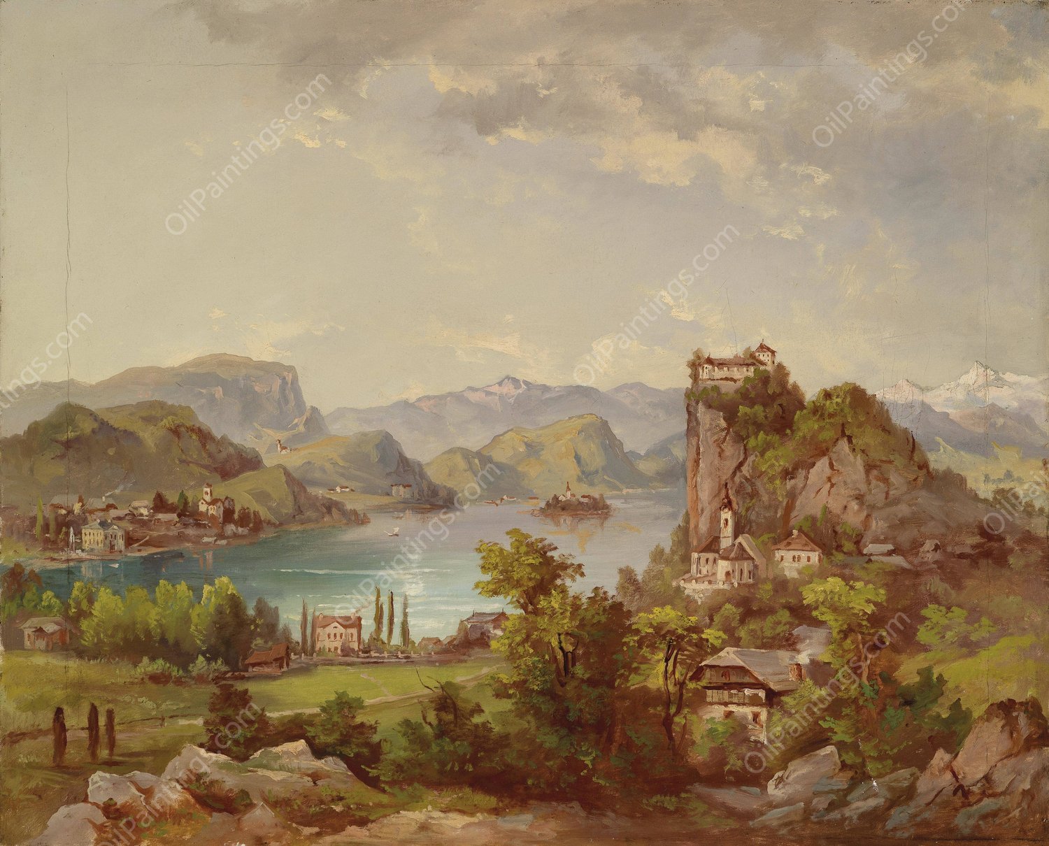 Blick auf Veldes by Jakob Canciani - Hand-Painted Oil Painting Reproduction