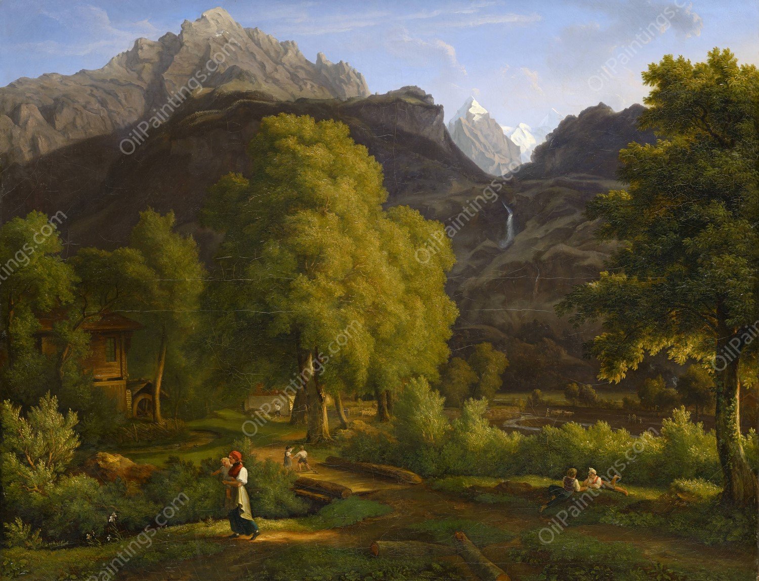 In the village of Meiringen towards the Well- and Wetterhorn by Jakob Christoph Miville - Hand-Painted Oil Painting Reproduction