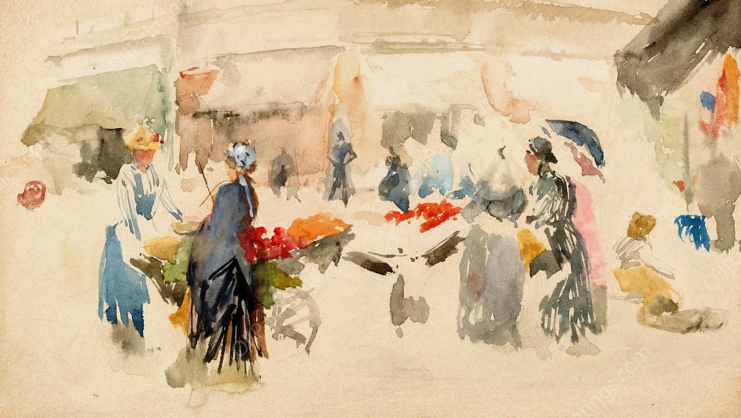 Flower Market; Dieppe  by James Abbott McNeill Whistler - Hand-Painted Oil Painting Reproduction