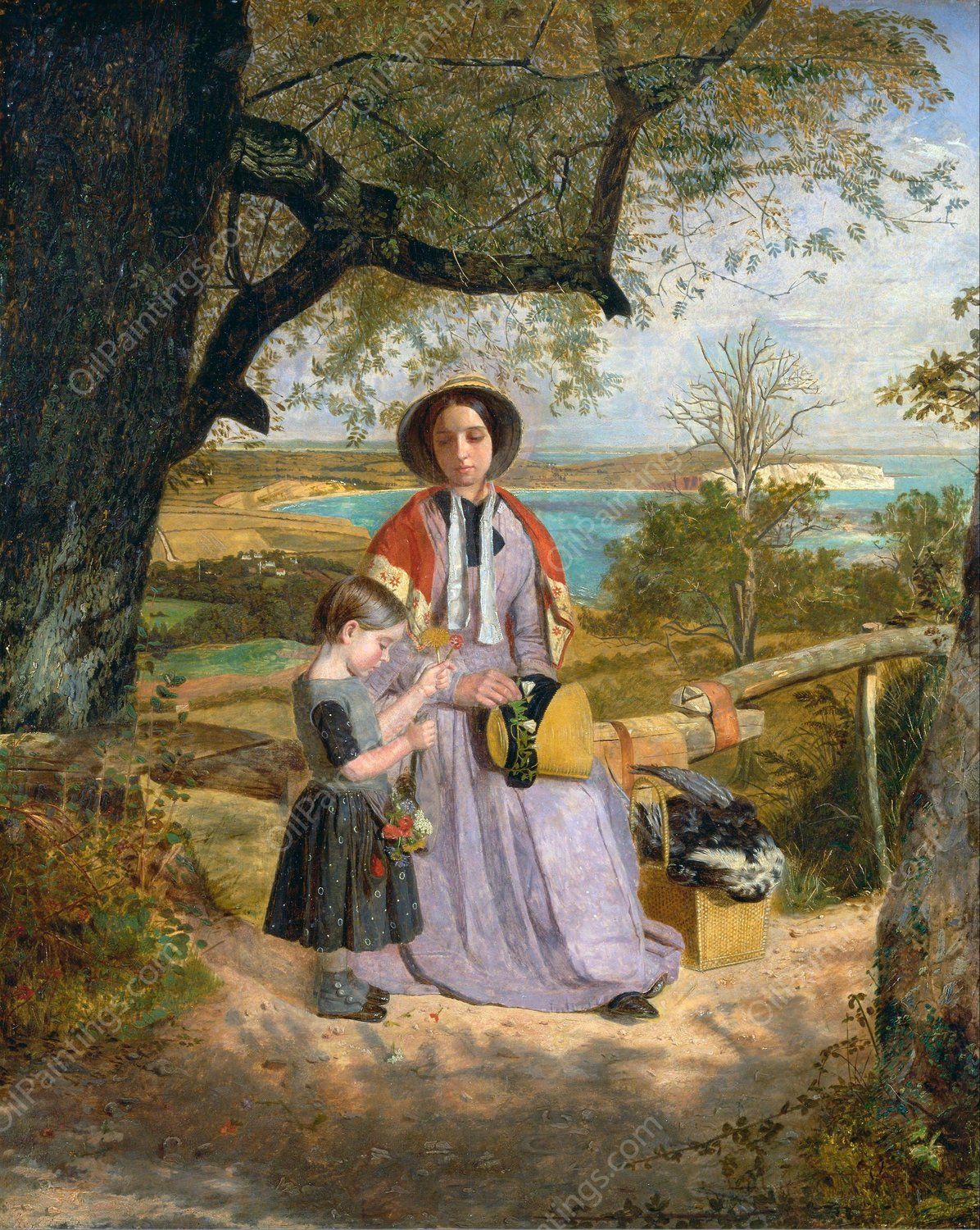 Mother and Child by a Stile, with Culver Cliff, Isle of Wight, in the Distance by James Collinson - Hand-Painted Oil Painting Reproduction