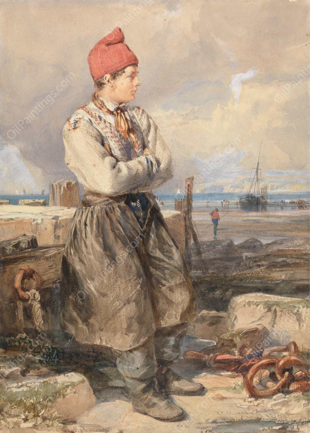 French Coast Scene with Fisherboy  by James Duffield Harding - Hand-Painted Oil Painting Reproduction