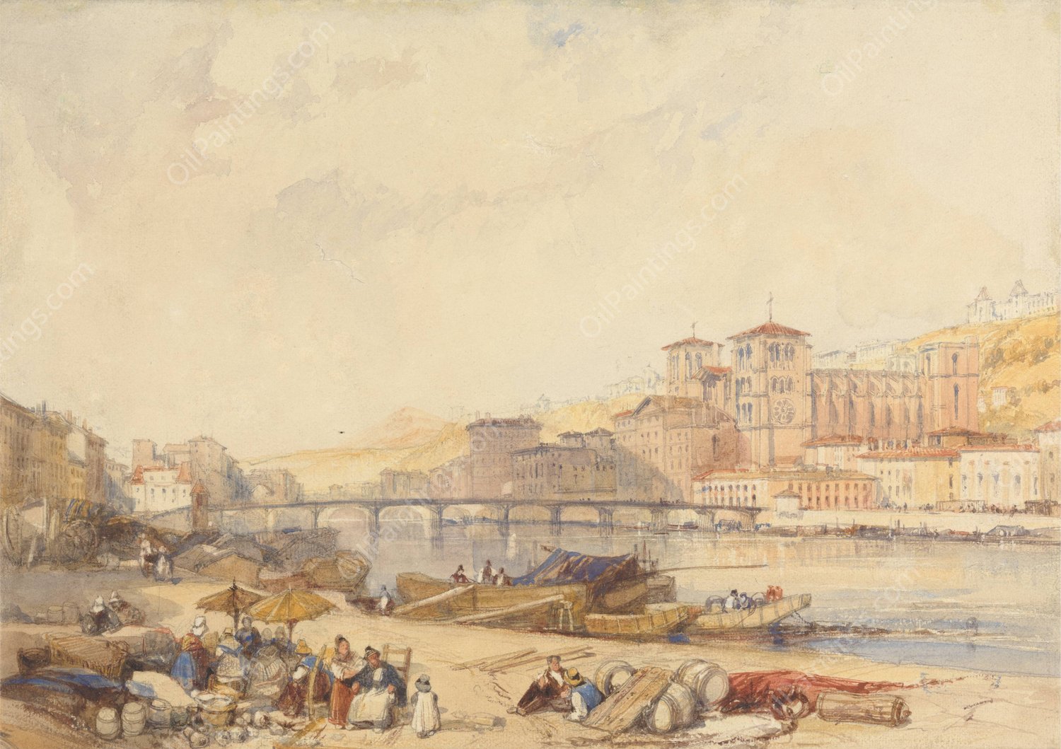 Lyons from Quayside on the Rhone  by James Duffield Harding - Hand-Painted Oil Painting Reproduction