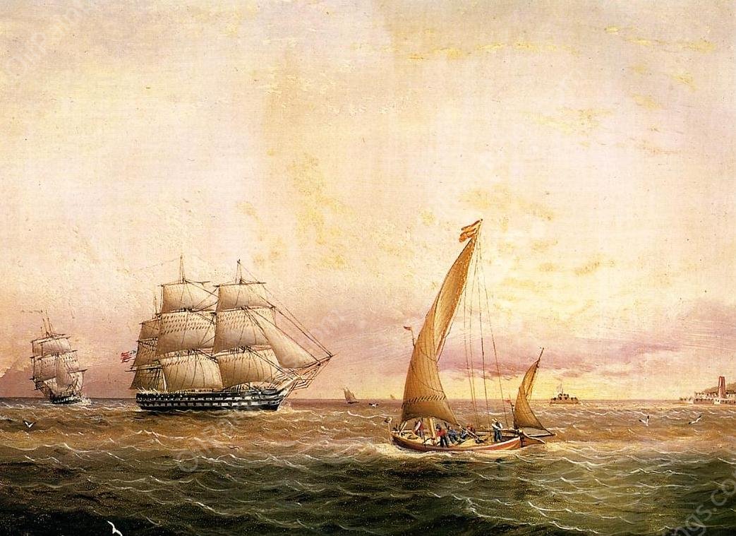 Two American Naval Vessels Entering Harbor by James E Buttersworth - Hand-Painted Oil Painting Reproduction