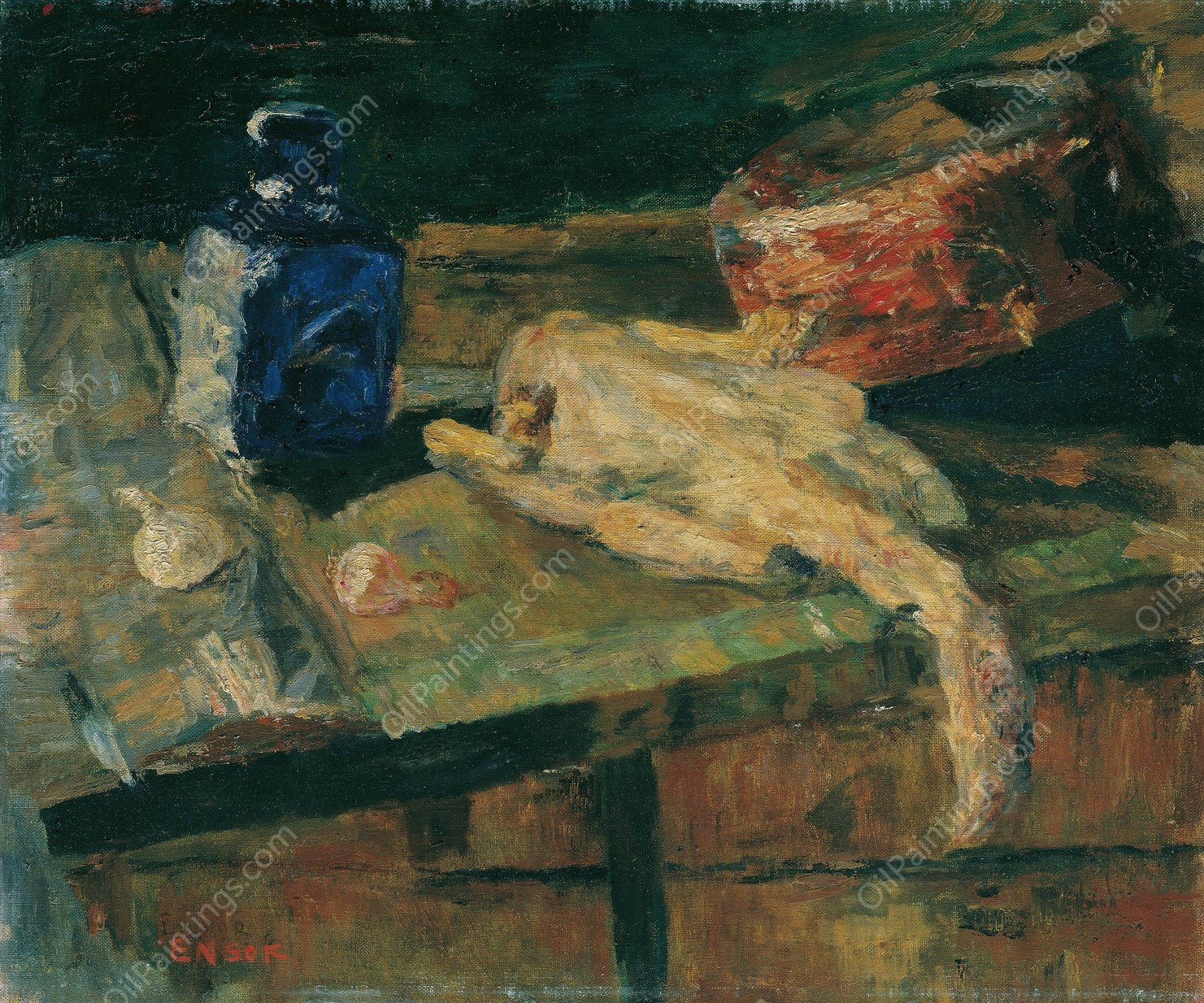 Stillleben mit blauer Flasche und gerupftem Huhn  by James Ensor - Hand-Painted Oil Painting Reproduction