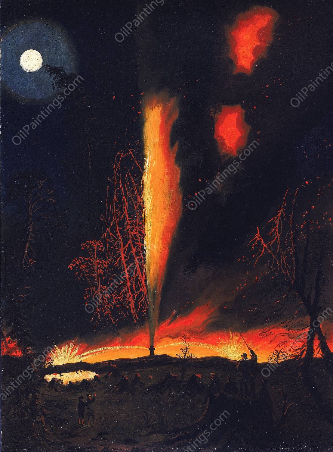 Burning Oil Well at Night, near Rouseville, Pennsylvania  by James Hamilton - Hand-Painted Oil Painting Reproduction