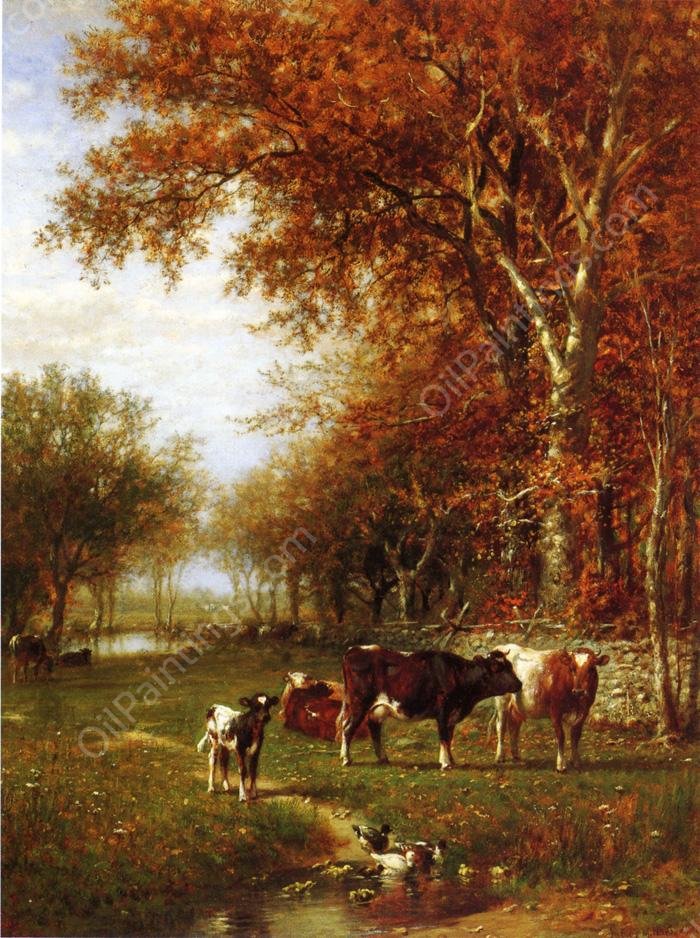 Cows Before a Watering Hole by James Mcdougal Hart - Hand-Painted Oil Painting Reproduction