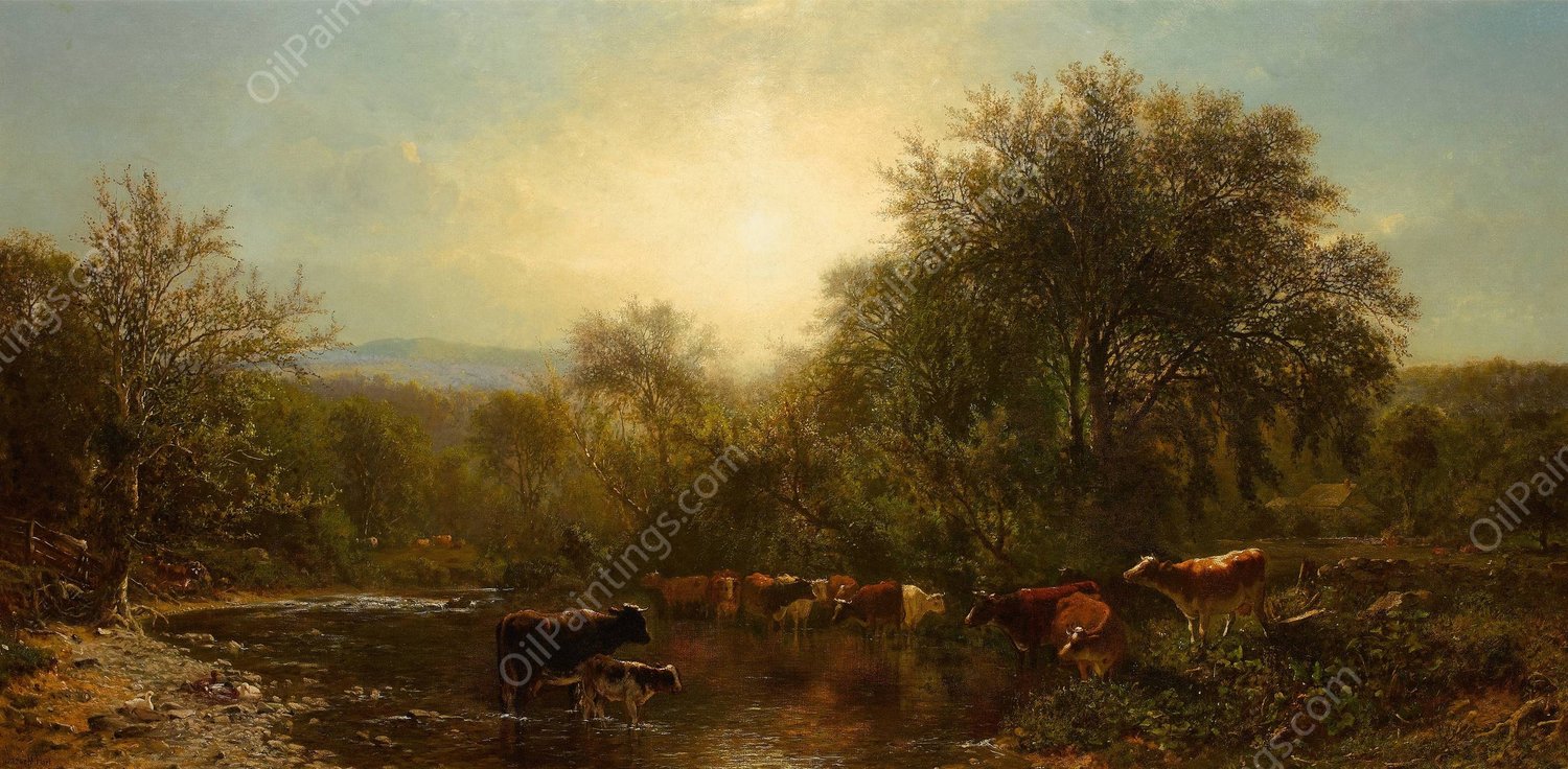Cows Watering  by James Mcdougal Hart - Hand-Painted Oil Painting Reproduction