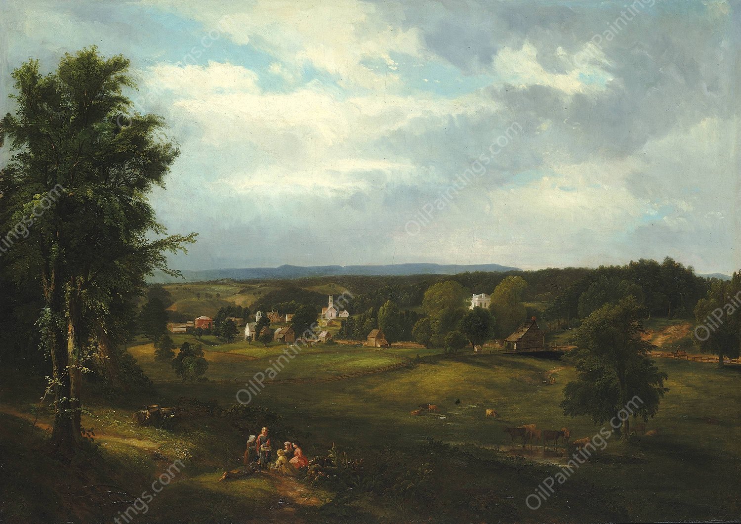 Village Scene near Albany, New York  by James Mcdougal Hart - Hand-Painted Oil Painting Reproduction
