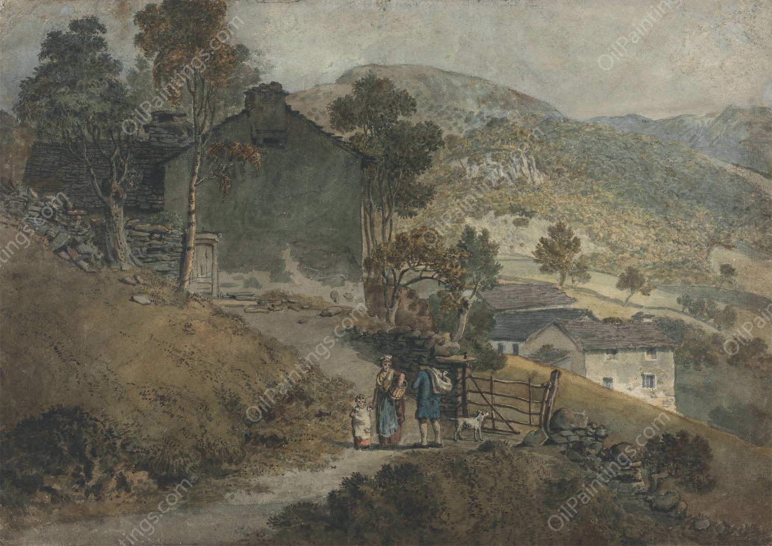 Landscape with Cottages and Figures by James Ward - Hand-Painted Oil Painting Reproduction