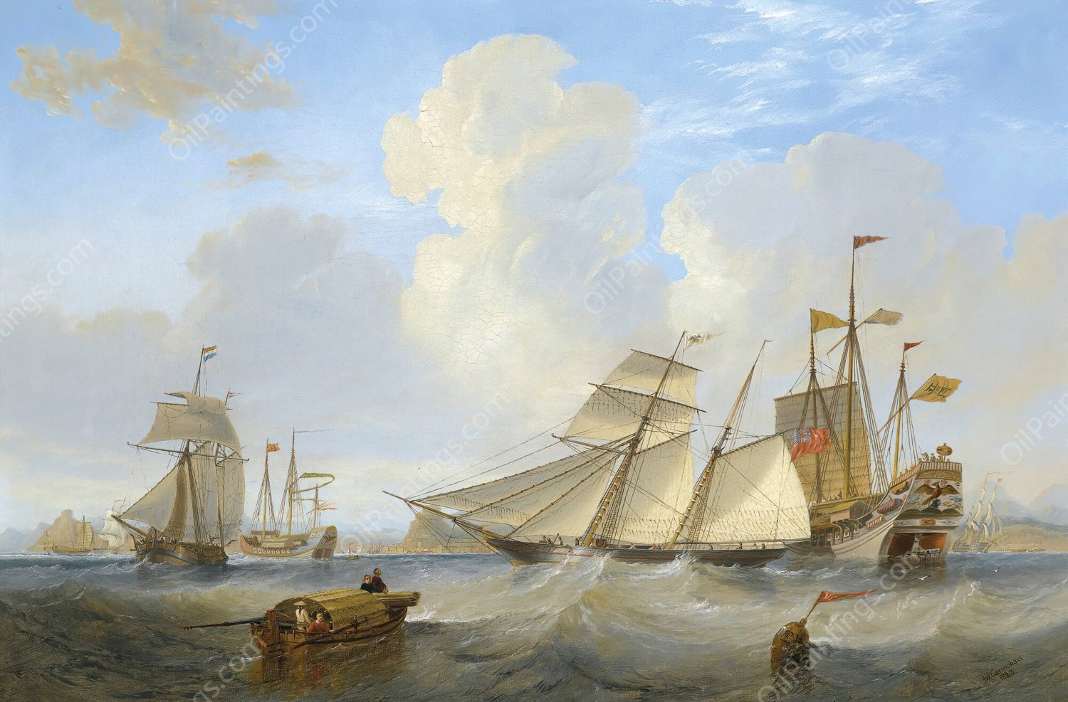 A British Opium Schooner And Other Shipping Off Hong Kong  by James Wilson Carmichael - Hand-Painted Oil Painting Reproduction
