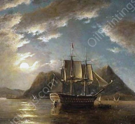 H.M.S. Minden 74, Off Gibraltar, Moonlight by James Wilson Carmichael - Hand-Painted Oil Painting Reproduction