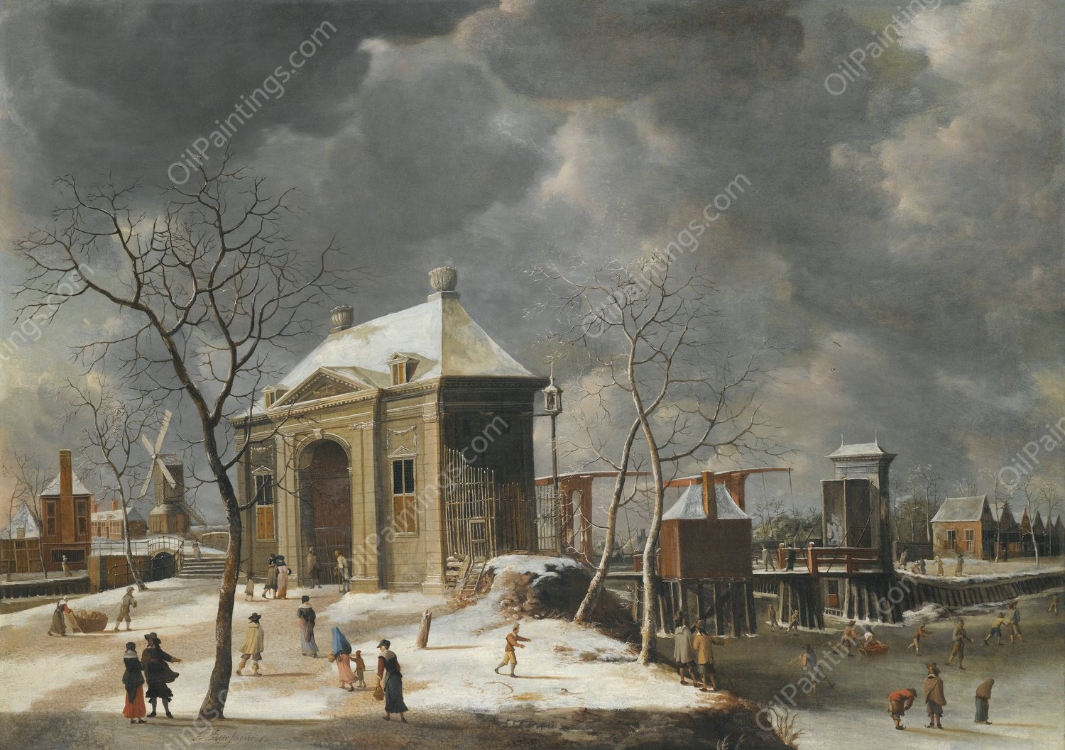 Amsterdam, A View Of The Heiligewegspoort From The North-West, With Skaters On A Frozen Canal by Jan Abrahamsz Beerstraaten - Hand-Painted Oil Painting Reproduction
