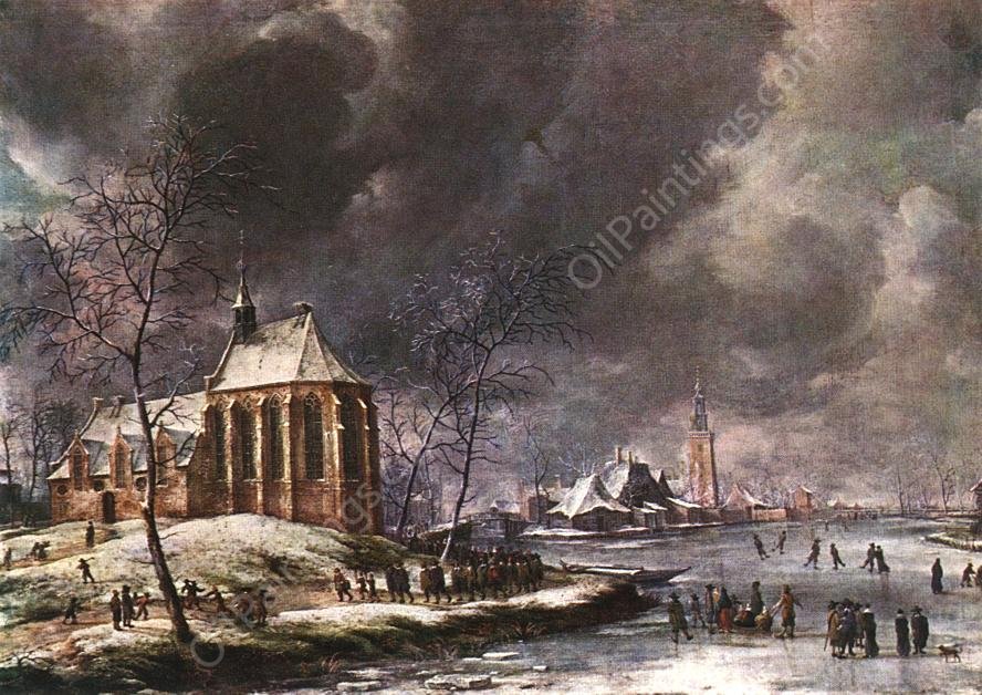 Village of Nieukoop in Winter with Child Funeral by Jan Abrahamsz. Beerstraten - Hand-Painted Oil Painting Reproduction
