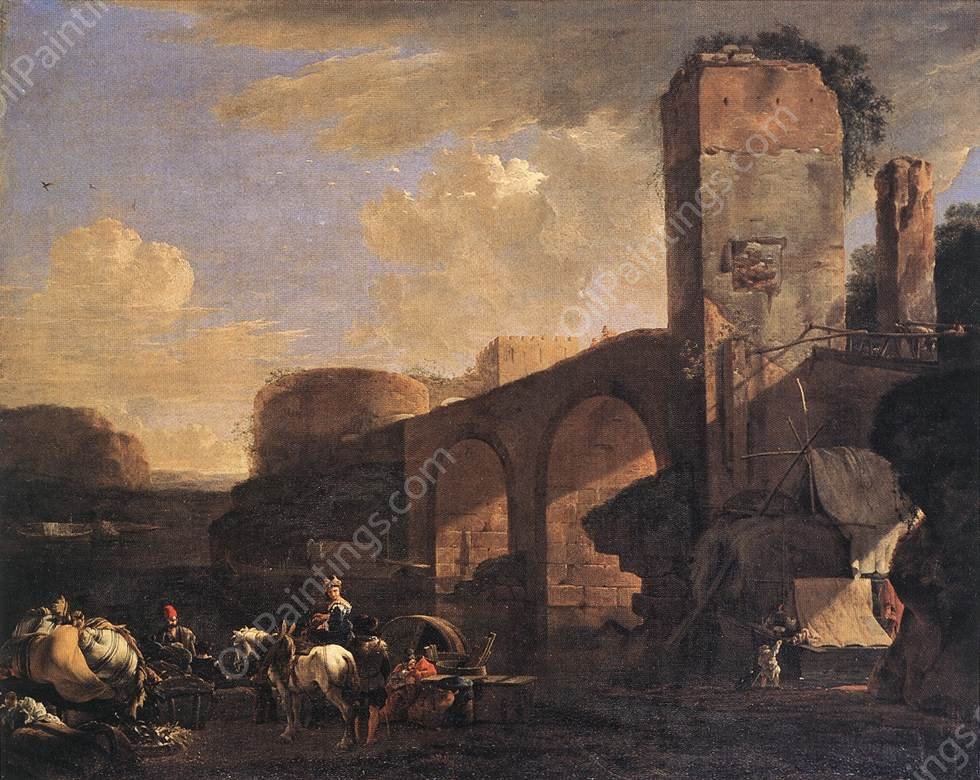 Italianate Landscape with a River and an Arched Bridge by Jan Asselijn - Hand-Painted Oil Painting Reproduction