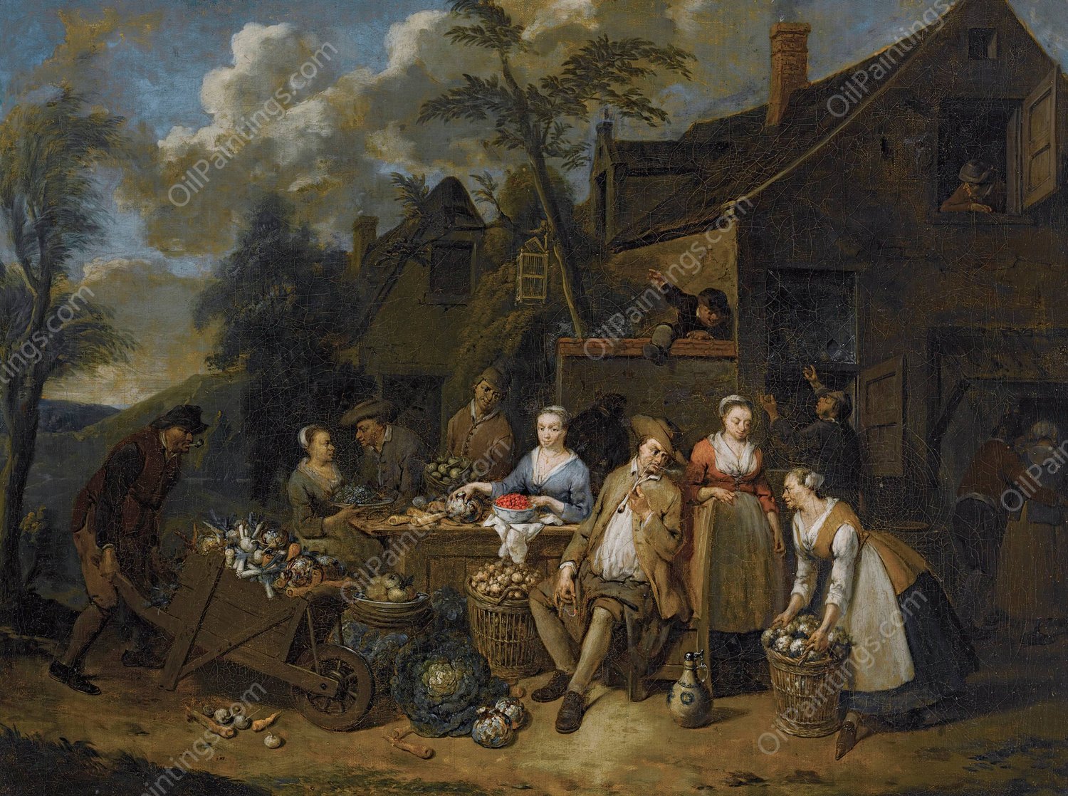 An Elegant Company In A Landscape Amongst Different Fruits And Vegetables, A Man With A Wheelbarrow Entering From The Left by Jan Baptist Lambrechts - Hand-Painted Oil Painting Reproduction