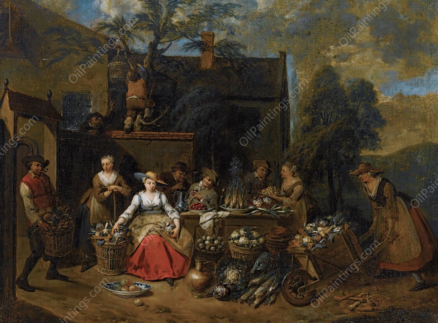 An Elegant Company In A Landscape Amongst Different Fruits And Vegetables, A Woman With A Wheelbarrow Entering From The Right by Jan Baptist Lambrechts - Hand-Painted Oil Painting Reproduction