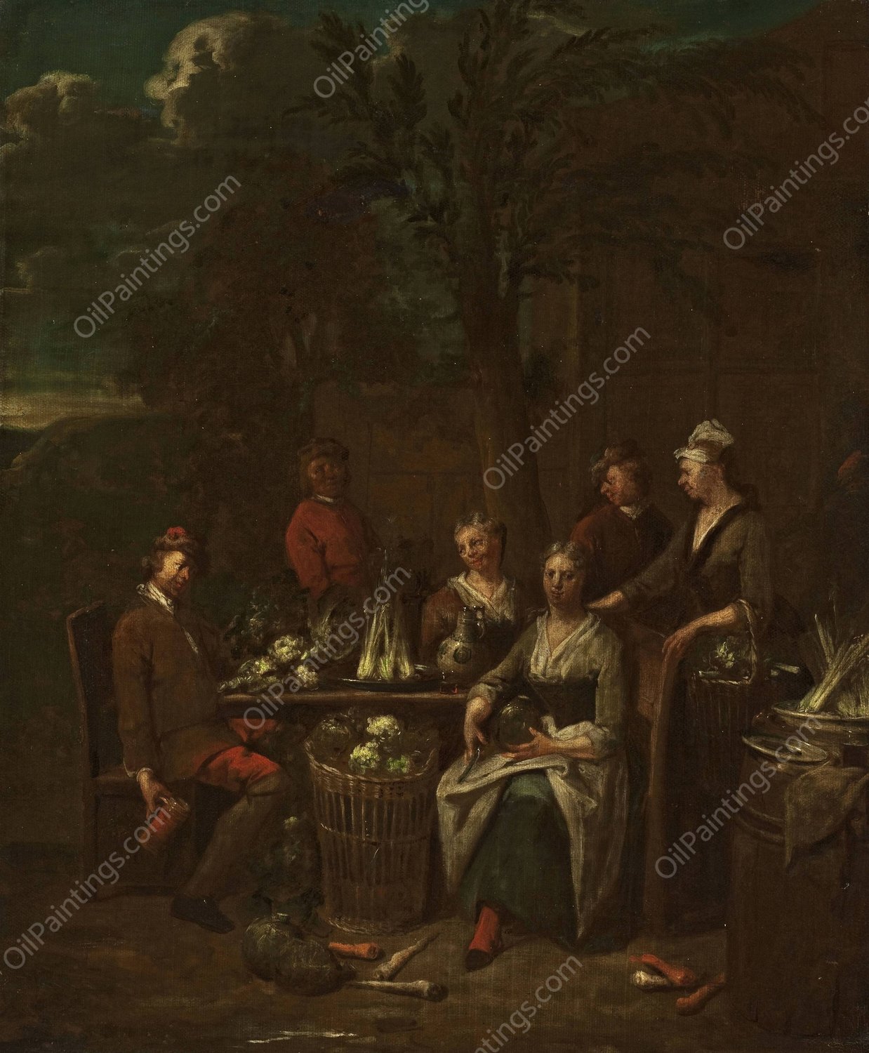 Scene by a stand with vegetables by Jan Baptist Lambrechts - Hand-Painted Oil Painting Reproduction