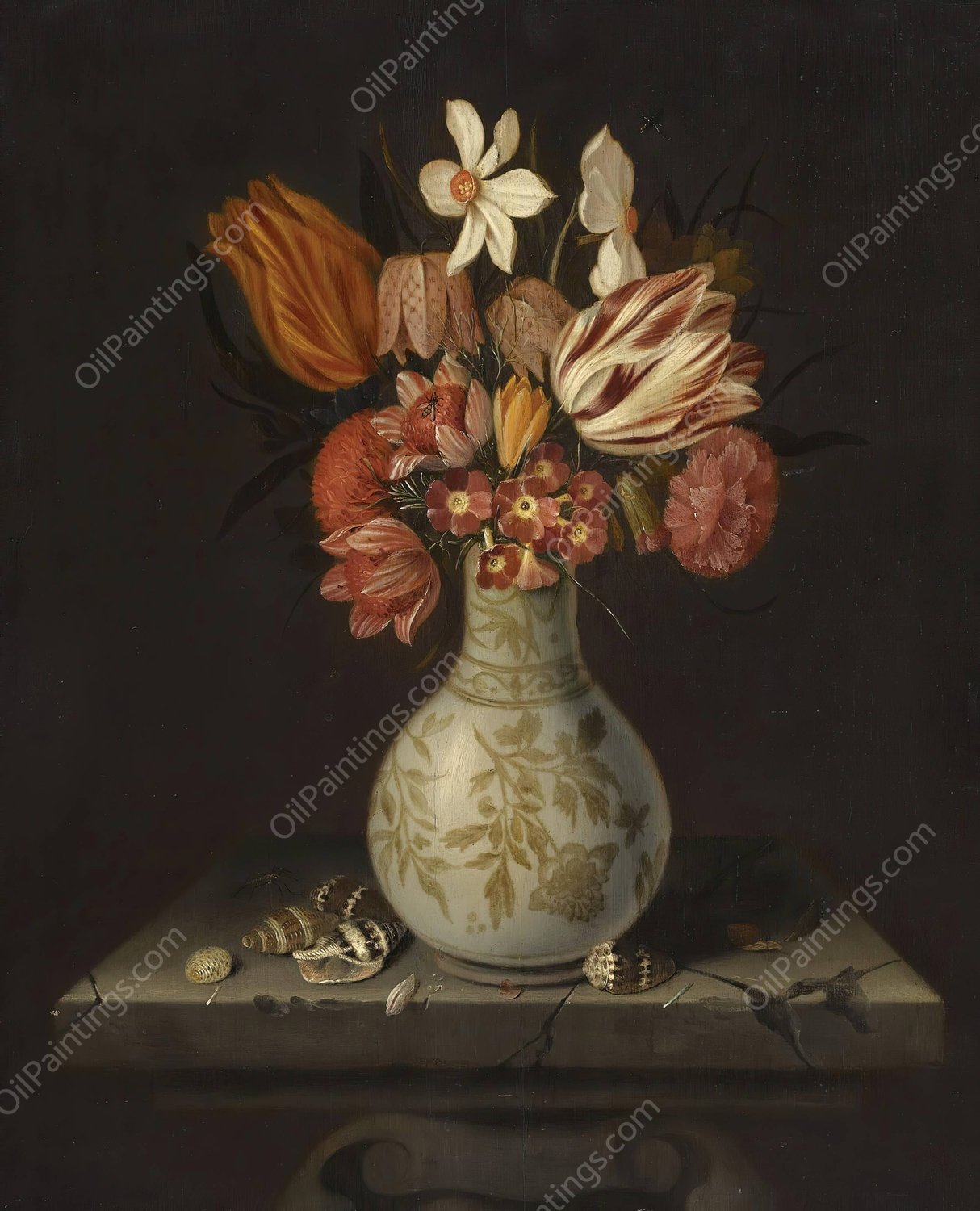 Still Life With Tulips, Crocuses, Primroses And Other Flowers In A Vase On A Stone Plinth With Shells by Jan Baptist Van Fornenburgh - Hand-Painted Oil Painting Reproduction