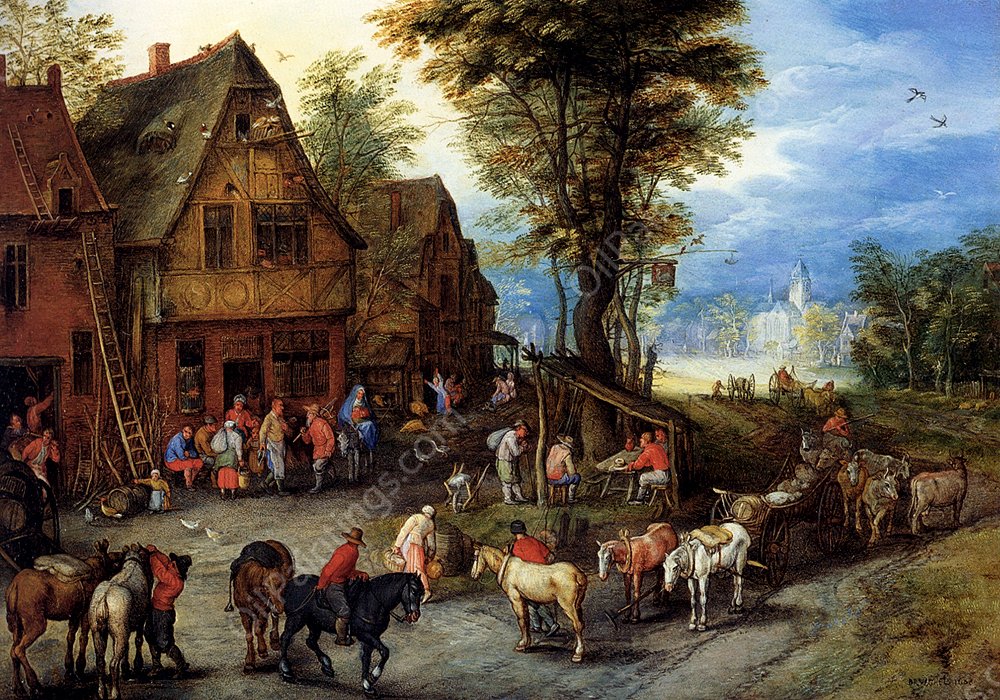 A Village Street with The Holy Family Arriving at an Inn by Jan Bruegel The Elder - Hand-Painted Oil Painting Reproduction