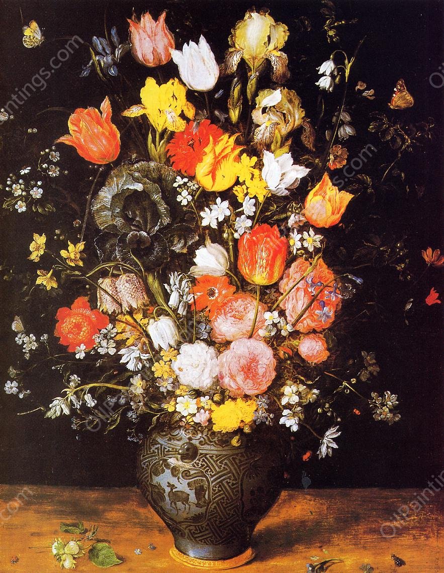 Bouquet of Flowers in a Blue Vase by Jan Bruegel The Elder - Hand-Painted Oil Painting Reproduction