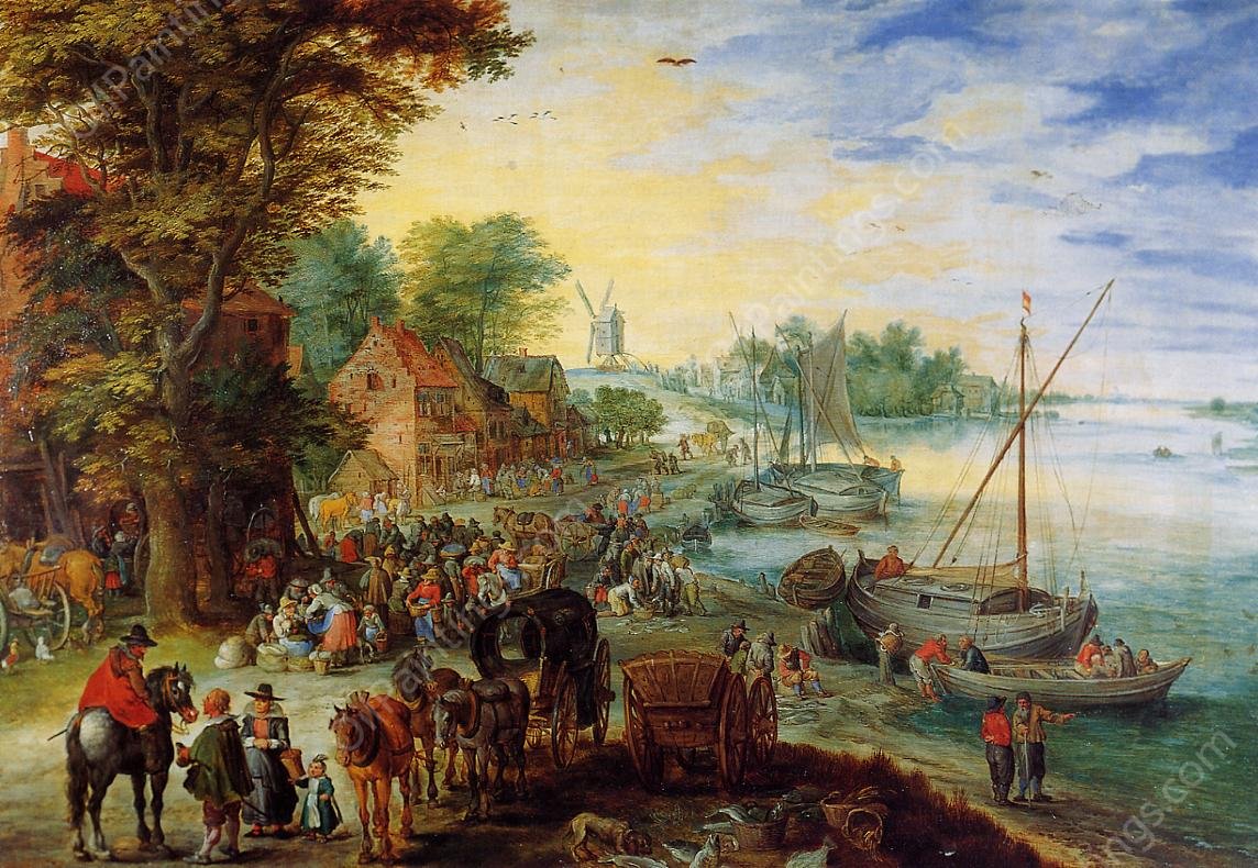 Fish Market on the Banks of the River by Jan Bruegel The Elder - Hand-Painted Oil Painting Reproduction
