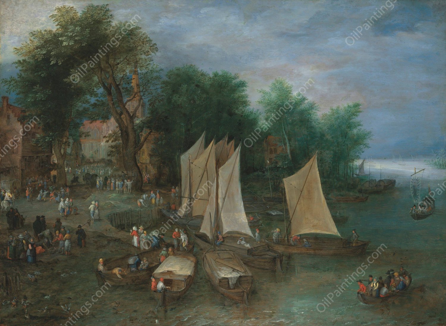 A landing stage near a village with shipping and figures  by Jan Brueghel The Elder - Hand-Painted Oil Painting Reproduction
