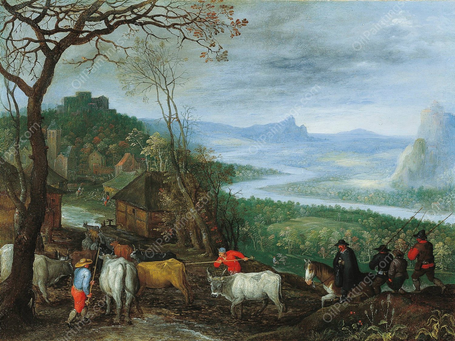 A landscape with herdsmen driving cattle to a village by Jan Brueghel The Elder - Hand-Painted Oil Painting Reproduction