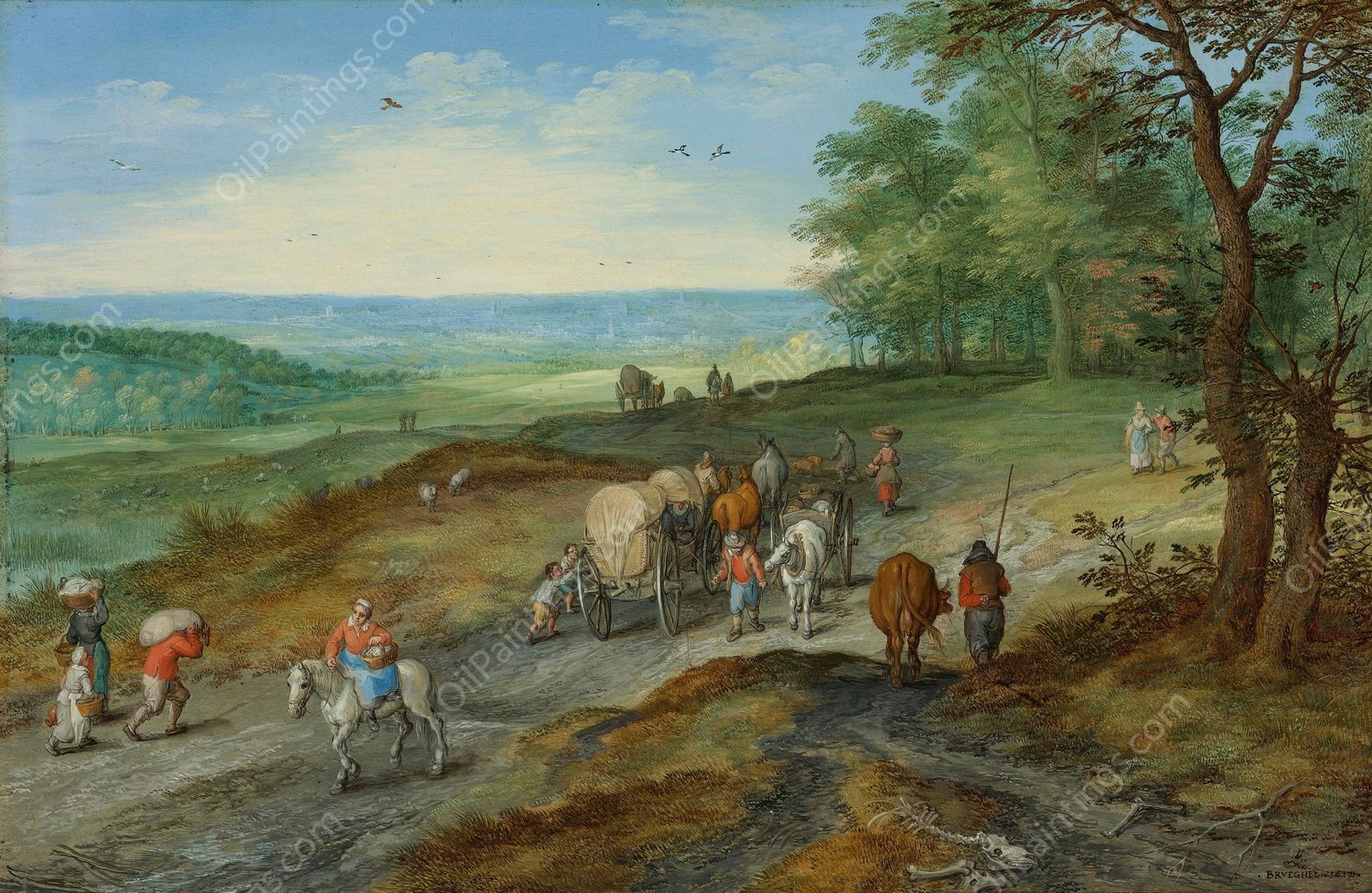 A Panoramic Landscape With A Covered Wagon And Travelers On A Highway  by Jan Brueghel The Elder - Hand-Painted Oil Painting Reproduction