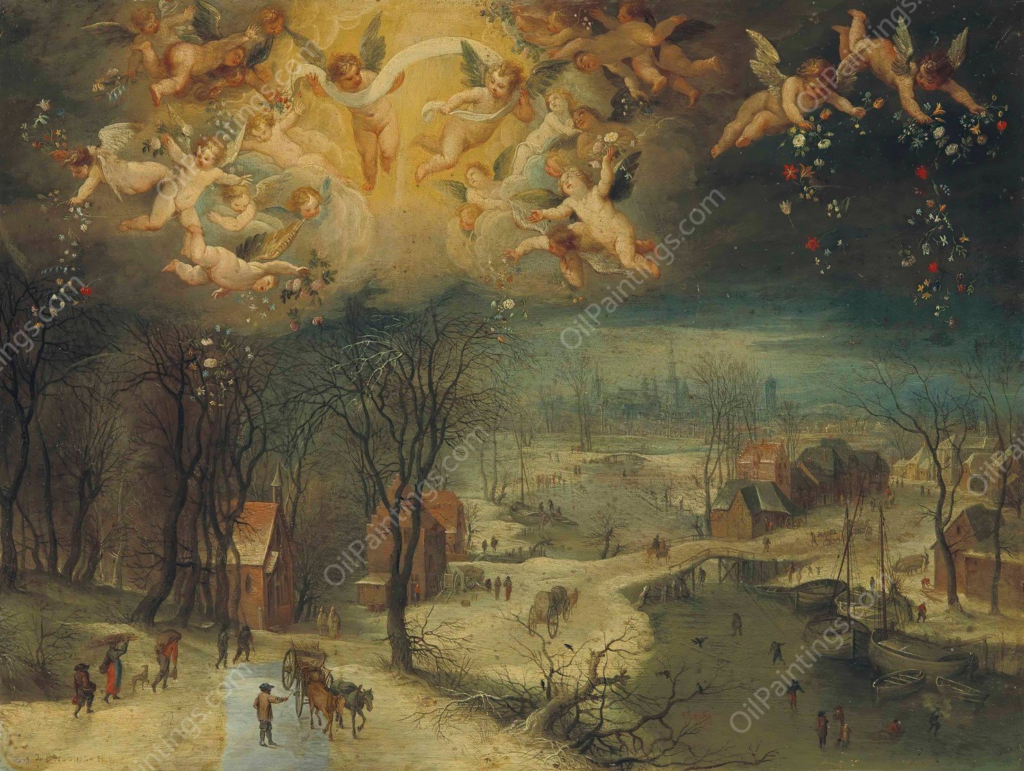 A winter landscape with villagers gathering wood and skaters on a frozen river, putti scattering flowers above by Jan Brueghel The Elder - Hand-Painted Oil Painting Reproduction