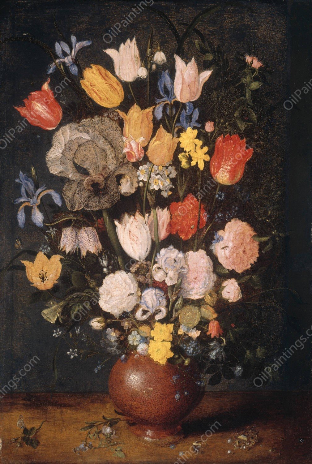 Bouquet of Flowers in an Earthenware Vase  by Jan Brueghel The Elder - Hand-Painted Oil Painting Reproduction