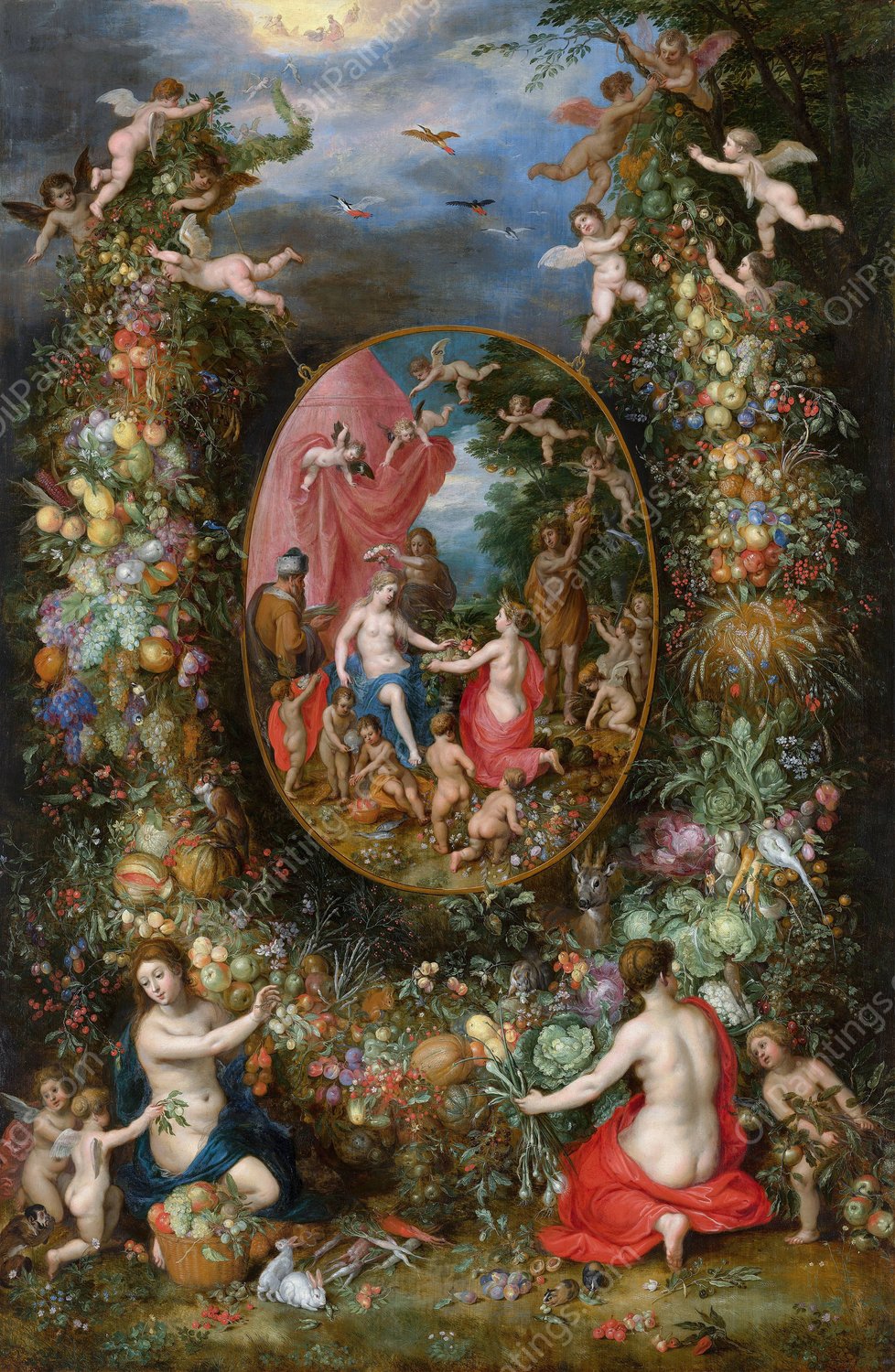 Garland of Fruit Surrounding a Depiction of Cybele Receiving Gifts From Personifications of The Four Seasons  by Jan Brueghel The Elder - Hand-Painted Oil Painting Reproduction