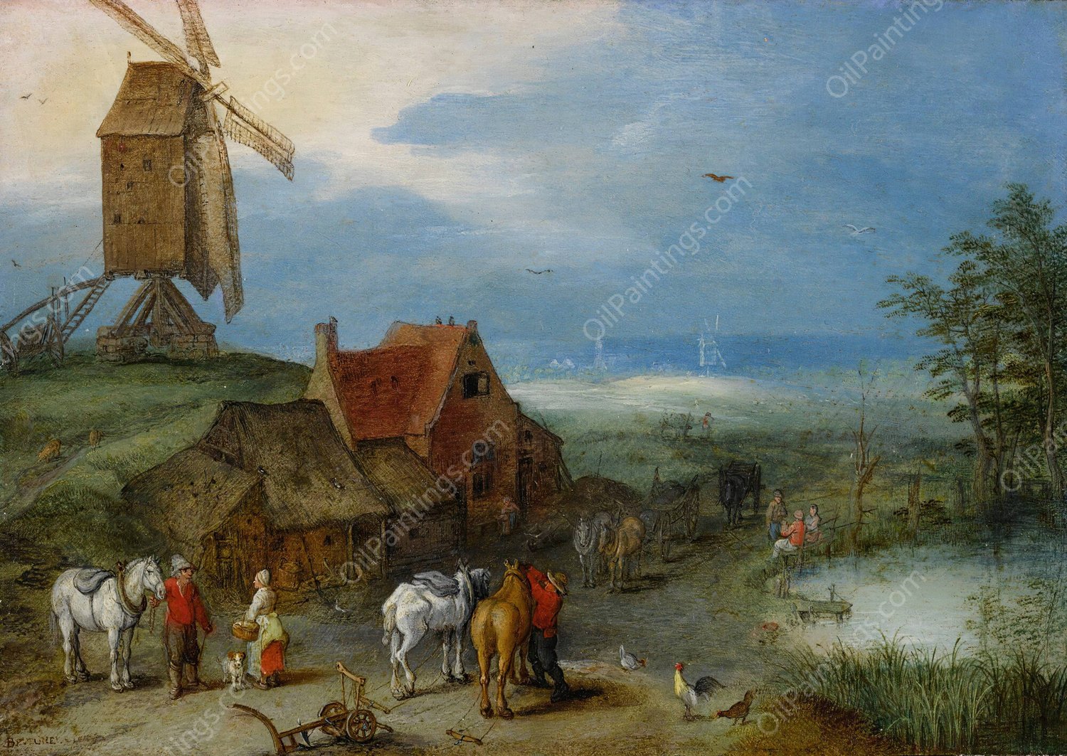 Landscape With A Windmill, Various Figures, Horses, And Animals Near A Farmstead  by Jan Brueghel The Elder - Hand-Painted Oil Painting Reproduction