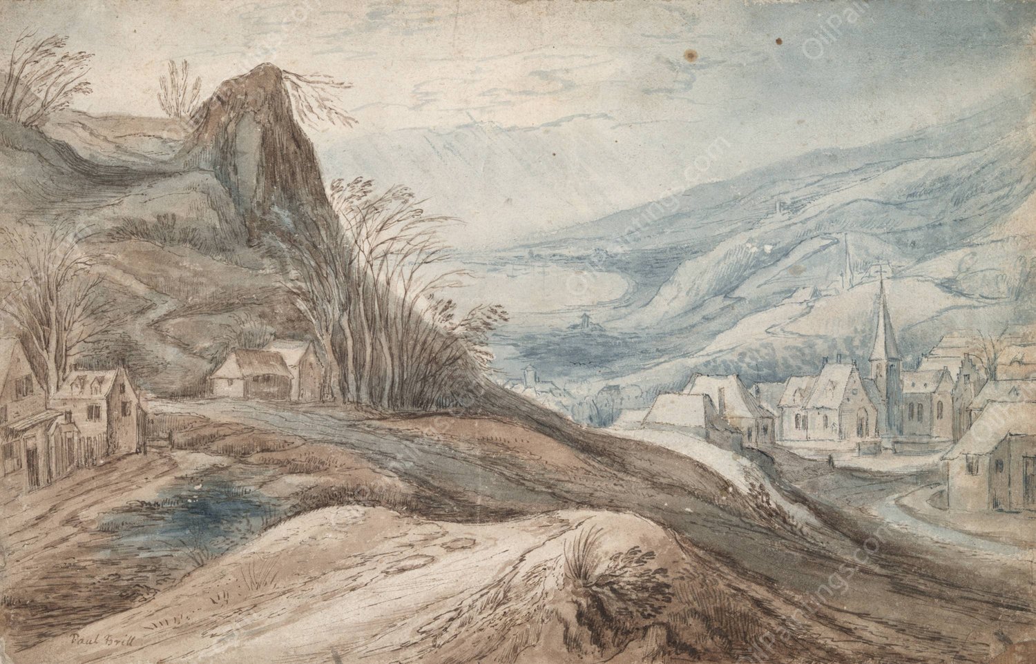 Mountainous Landscape with Village in Valley and Distant View  by Jan Brueghel The Elder - Hand-Painted Oil Painting Reproduction