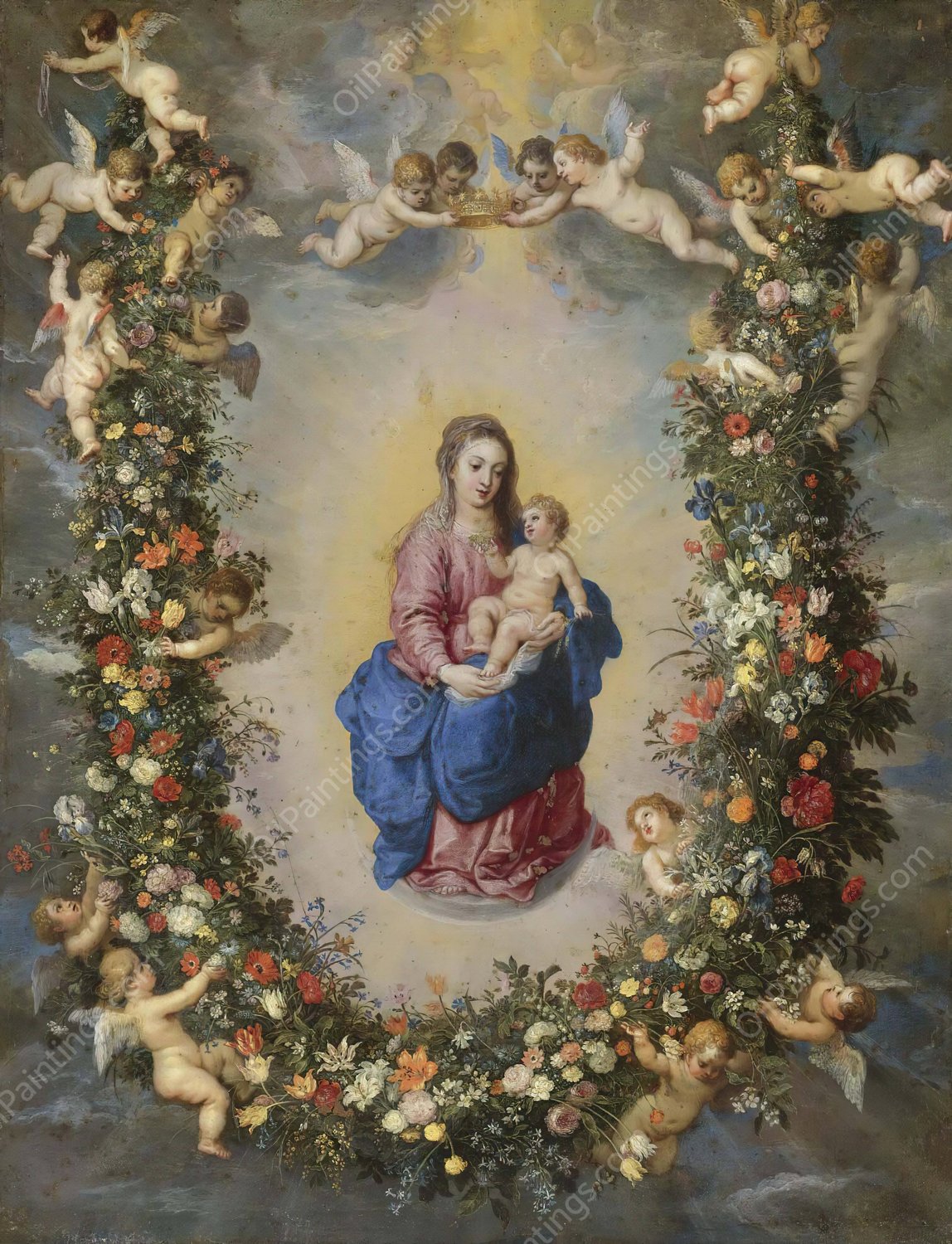 The Virgin and Child Encircled by a Garland of Flowers Held Aloft by Cherubs by Jan Brueghel The Elder - Hand-Painted Oil Painting Reproduction