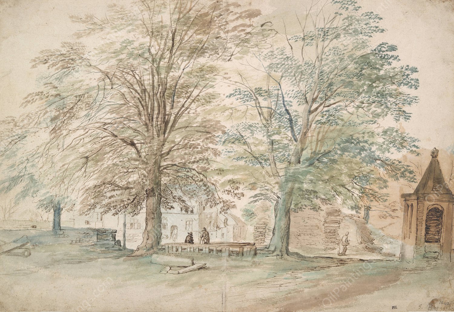 Village Meeting Place under Two Old Trees  by Jan Brueghel The Elder - Hand-Painted Oil Painting Reproduction