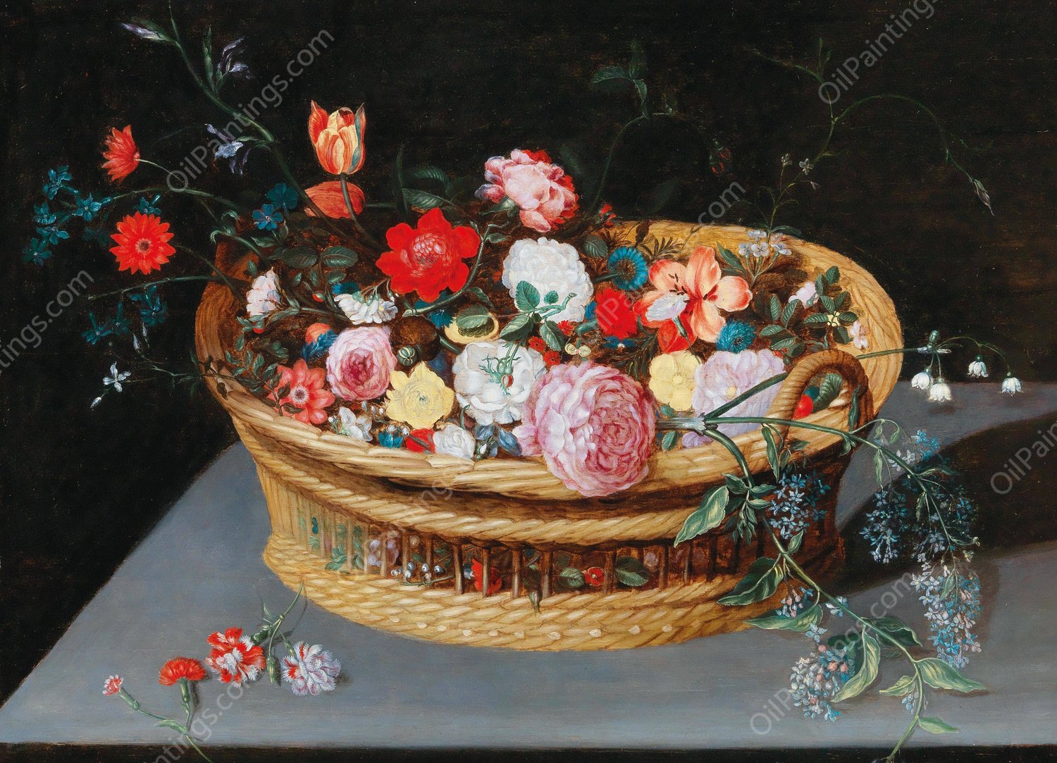 A basket with spring flowers on a stone table by Jan Brueghel The Younger - Hand-Painted Oil Painting Reproduction