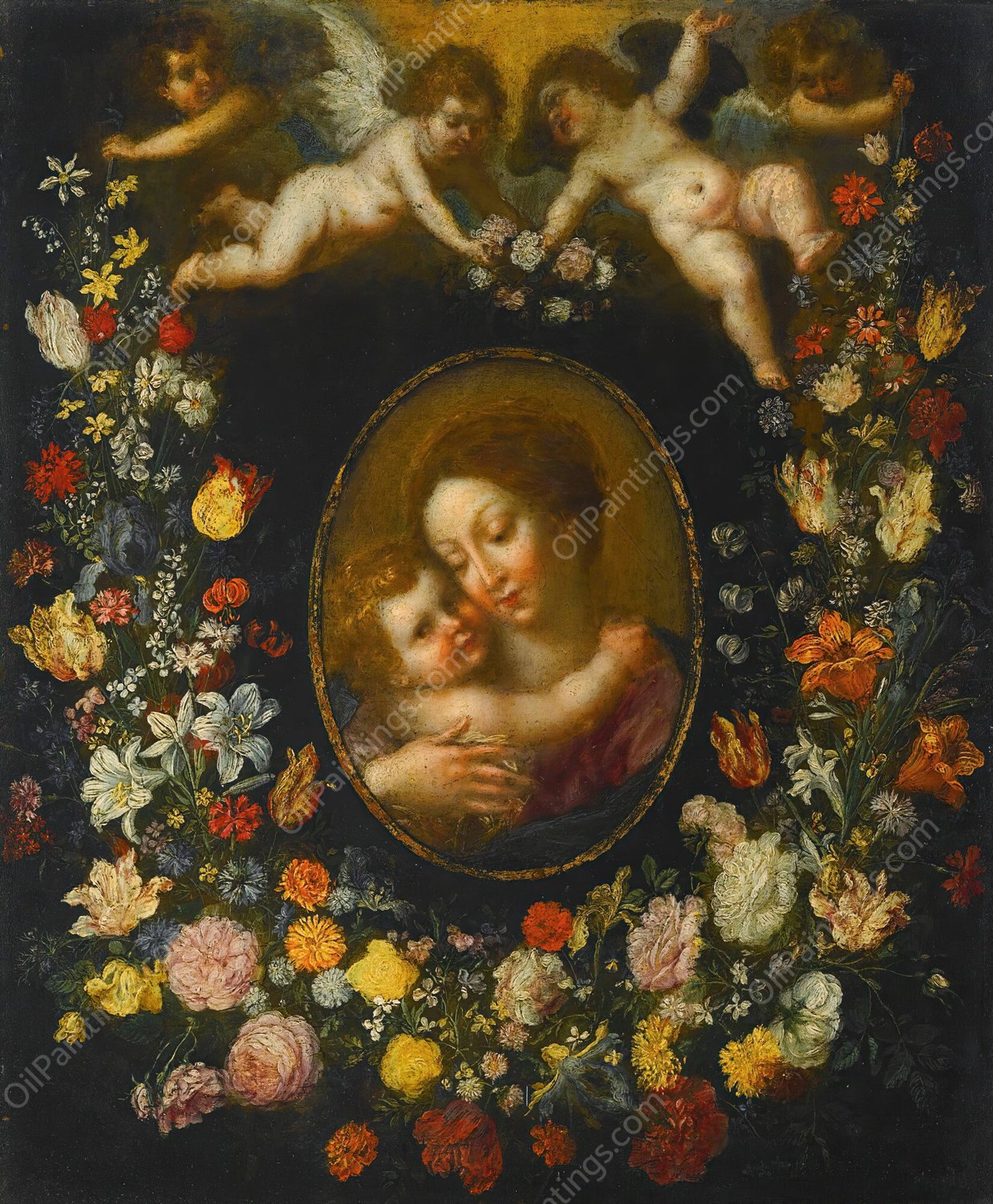 A Garland Of Flowers Encircling An Oval Of The Virgin And Child Born Aloft By Angels by Jan Brueghel The Younger - Hand-Painted Oil Painting Reproduction