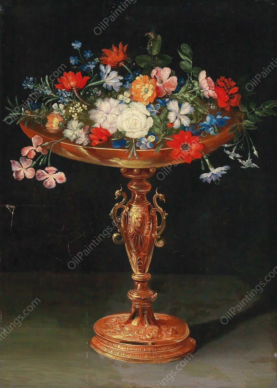 Flowers in a gilded tazza by Jan Brueghel The Younger - Hand-Painted Oil Painting Reproduction