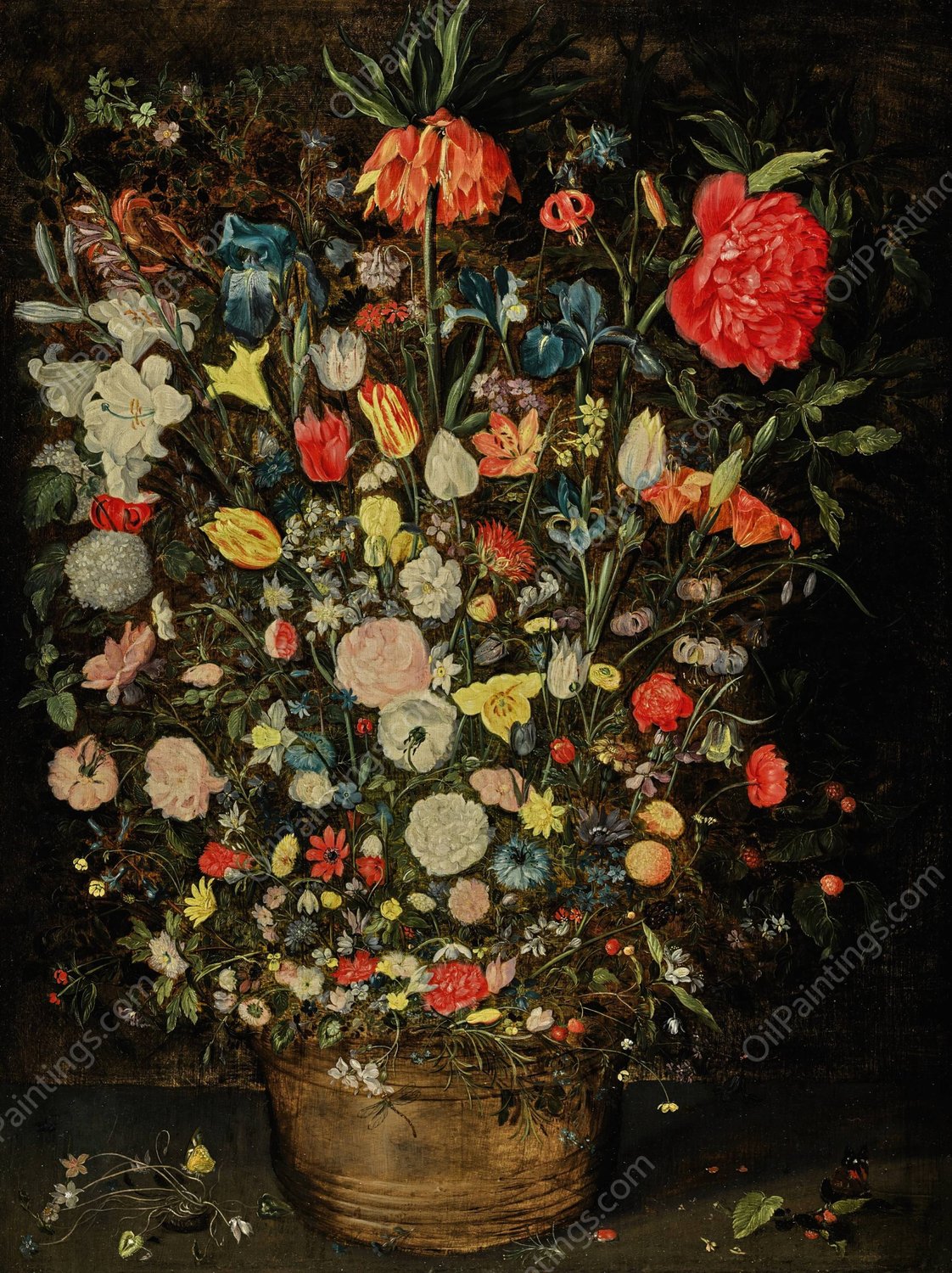 Still life with a large bouquet of flowers in a wooden bucket by Jan Brueghel The Younger - Hand-Painted Oil Painting Reproduction