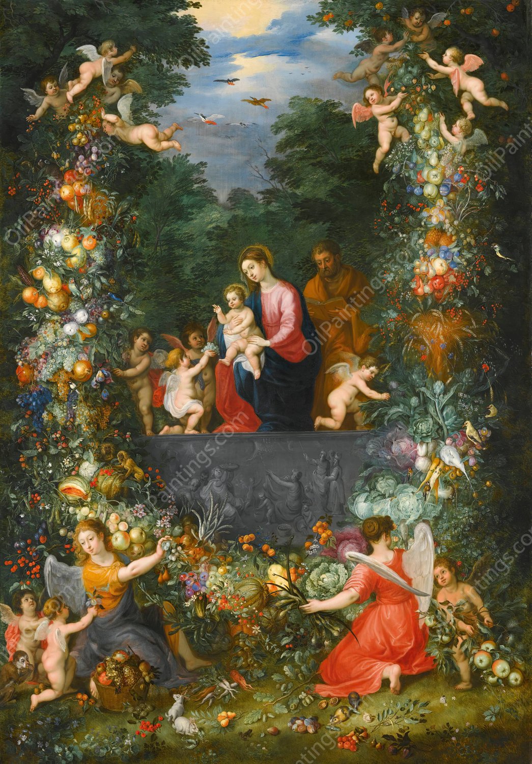 The Holy Family Within A Garland Of Fruit, Flowers And Vegetables Held By Angels by Jan Brueghel The Younger - Hand-Painted Oil Painting Reproduction
