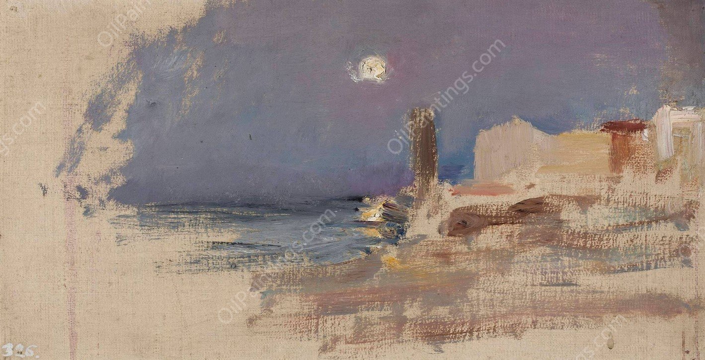 Moonlit landscape with water and architecture. From the journey to Constantinople  by Jan Ciaglinski - Hand-Painted Oil Painting Reproduction