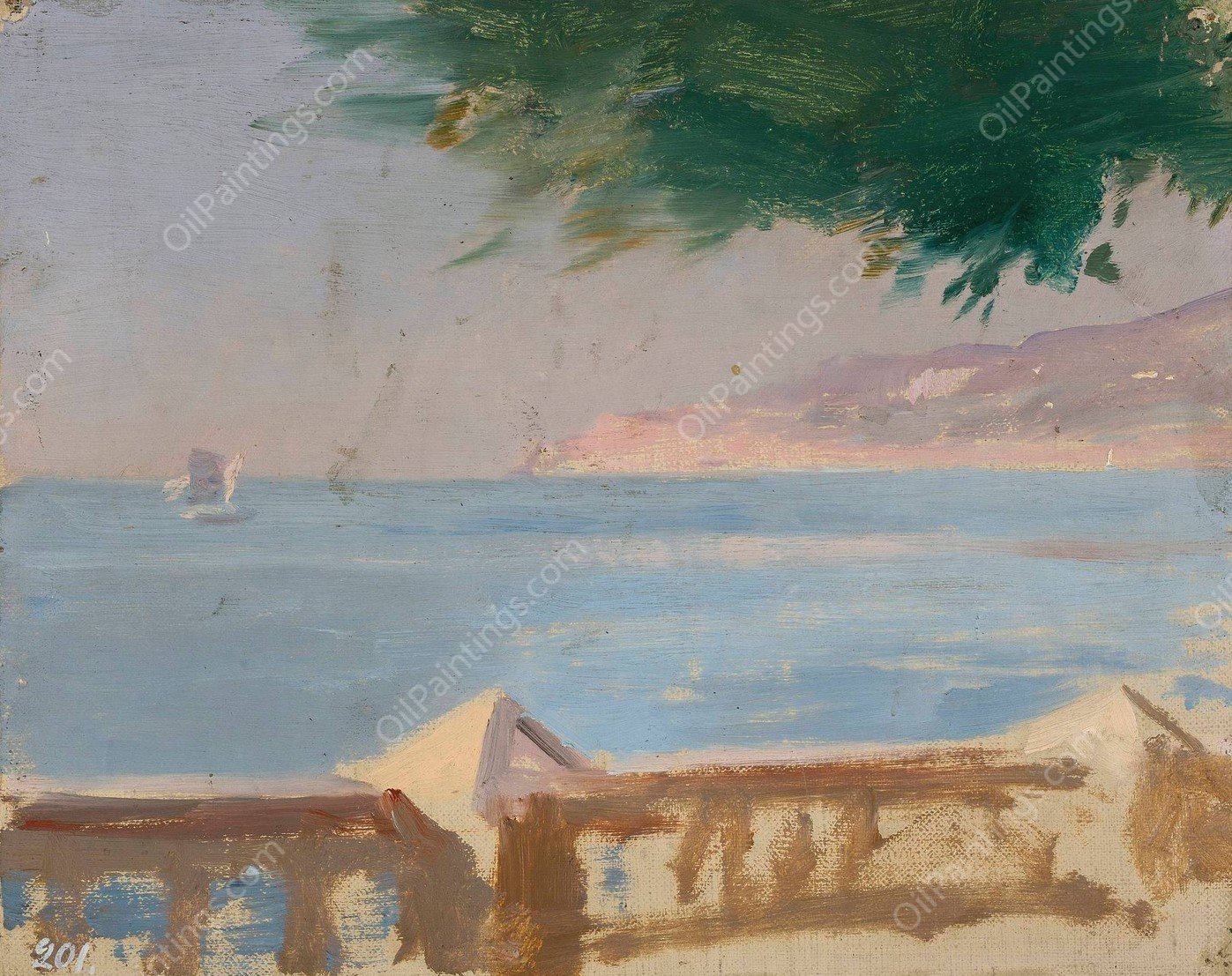 View of the sea from the Bakhchi-Dere villa in Yalta. From the journey to Crimea  by Jan Ciaglinski - Hand-Painted Oil Painting Reproduction