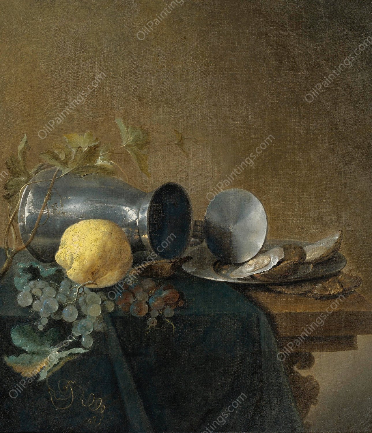 Still Life Of A Pewter Tankard, Lemon, Oysters And Grapes by Jan Davidsz De Heem - Hand-Painted Oil Painting Reproduction