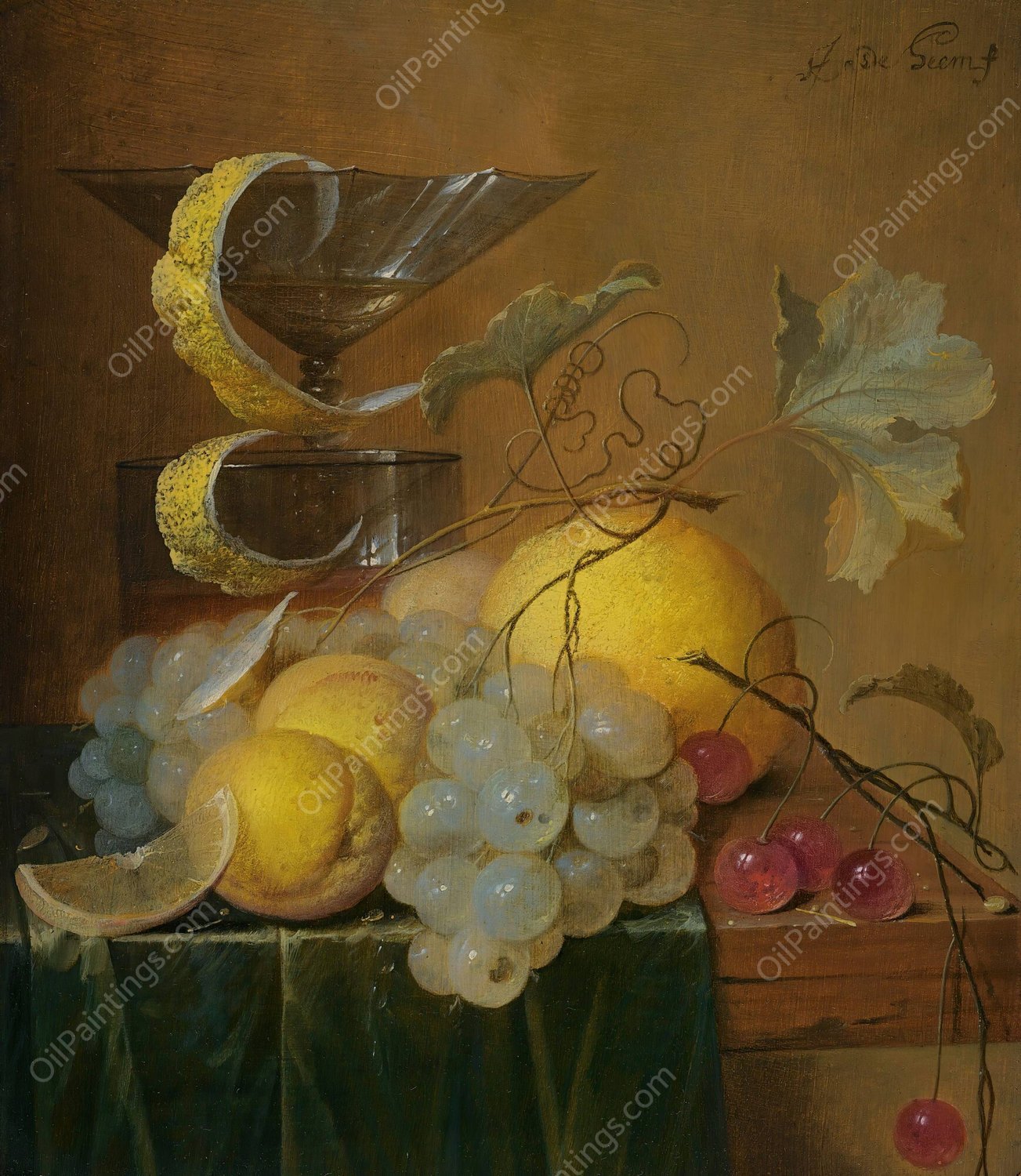 Still Life With A Wine Glass, Lemon Peel, Peaches, Grapes And Cherries On The Corner Of A Partly Draped Wooden Table by Jan Davidsz De Heem - Hand-Painted Oil Painting Reproduction