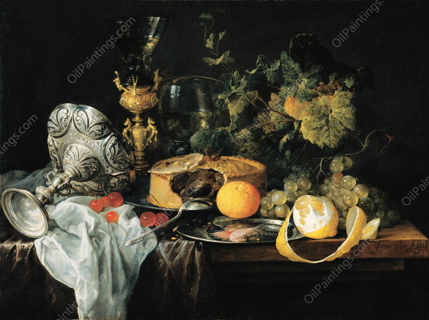 Sumptuous Still Life With Fruits, Pie And Goblets  by Jan Davidsz De Heem - Hand-Painted Oil Painting Reproduction