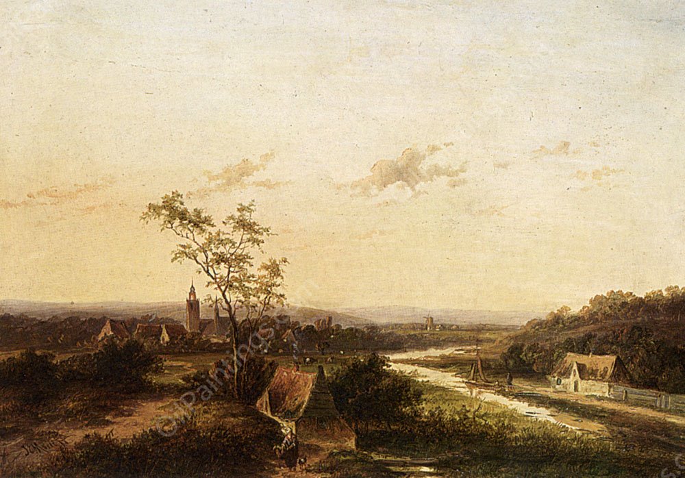 An Extensive Summer Landscape with a Town in the Background by Jan Evert Morel - Hand-Painted Oil Painting Reproduction