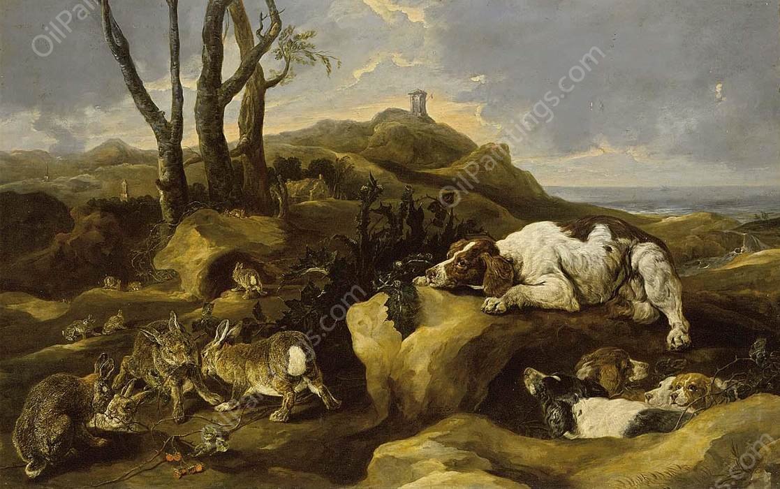 Spaniels Stalking Rabbits in the Dunes by Jan Fyt - Hand-Painted Oil Painting Reproduction