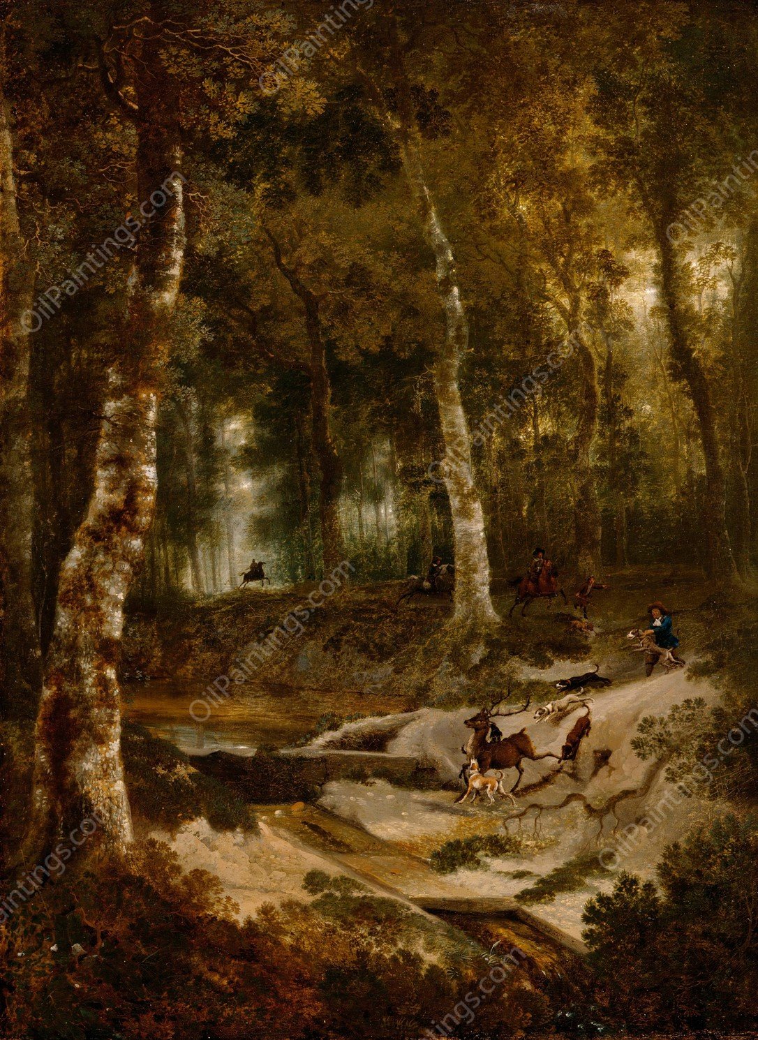 Forest Landscape with Stag Hunt  by Jan Hackaert - Hand-Painted Oil Painting Reproduction