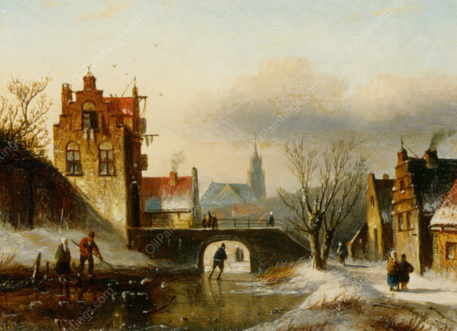 Figures on a Frozen Canal in a Dutch town by Jan Jacob Spohler - Hand-Painted Oil Painting Reproduction